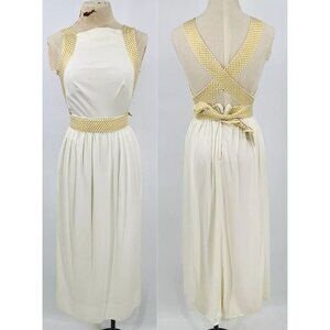 Vtg 70s Lillie Rubin White Gold Halter Cross Back Disco Maxi Dress Size XS